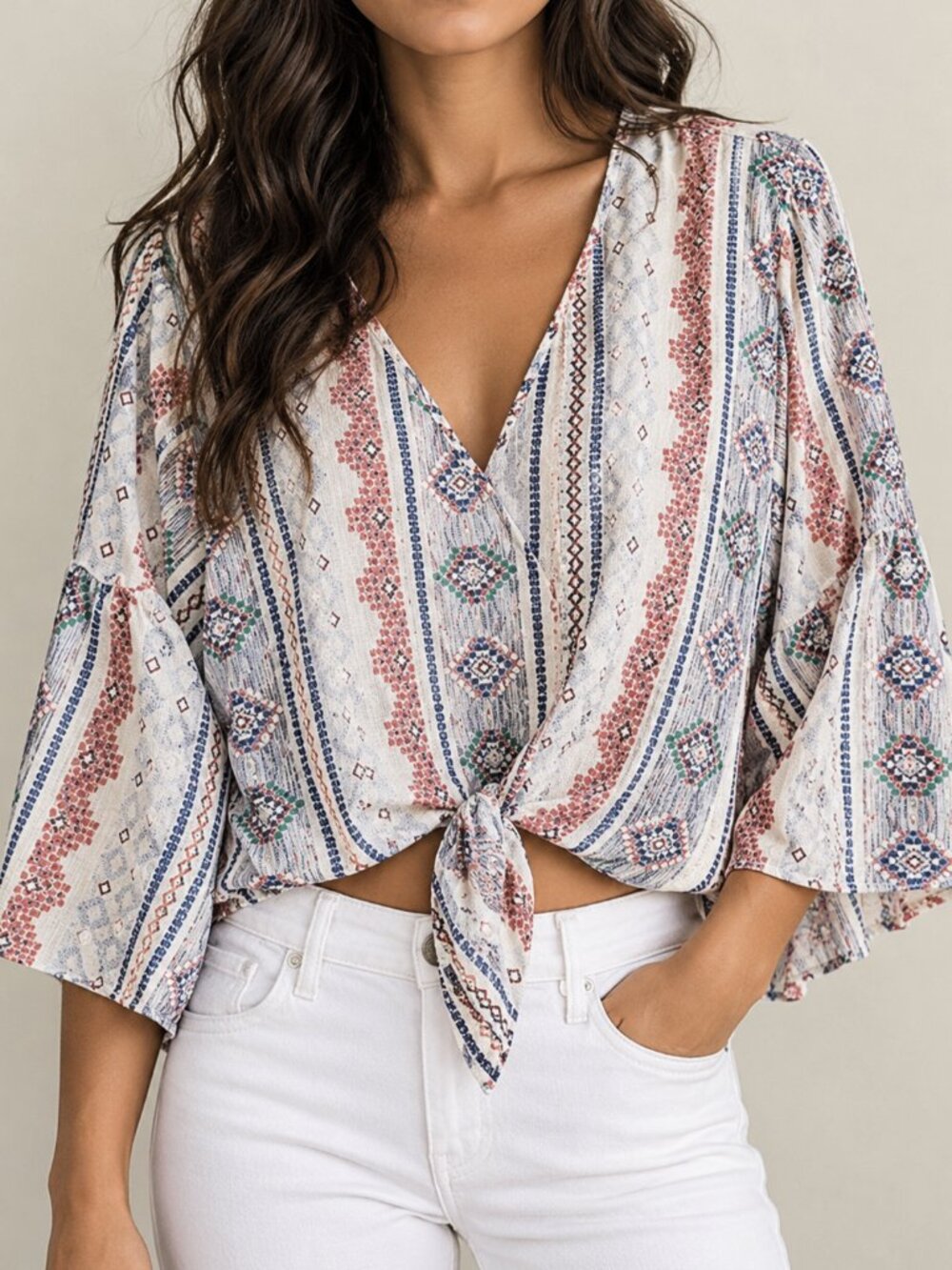 Lavender Field Anthropologie Tie-Front Bell Sleeve Blouse Size Medium